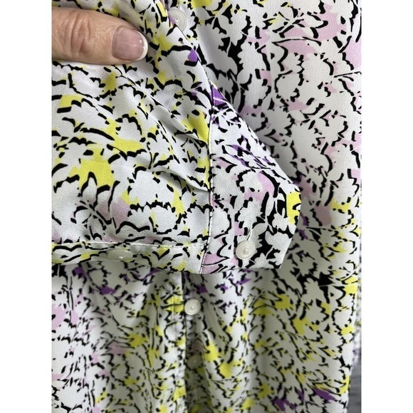 Liz Claiborne Blouse Tunic size Large Purple Yellow Floral Modest Career Slim - Picture 9 of 12